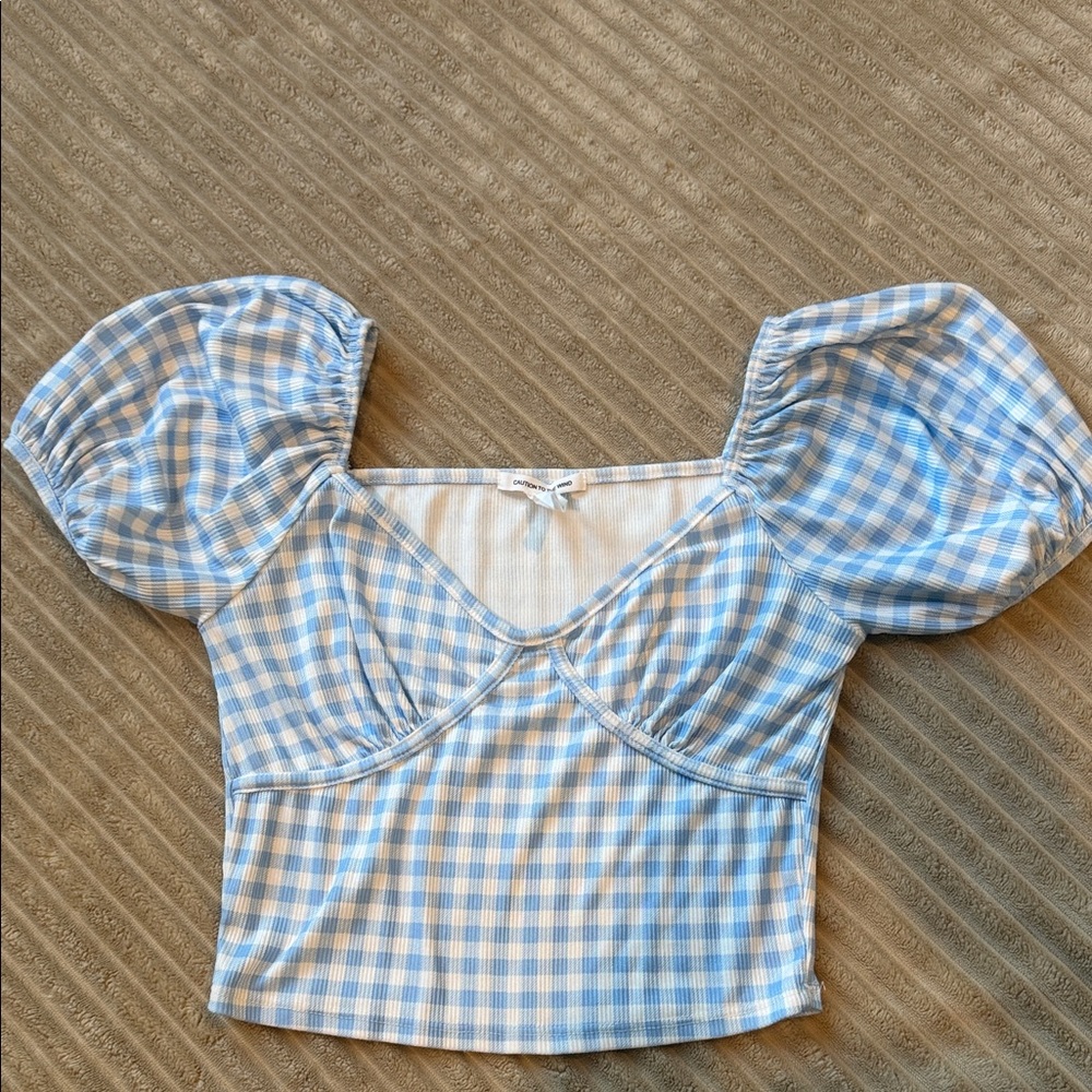 Caution To The Wind Light Blue Checkered Puff Sleeve Blouse
